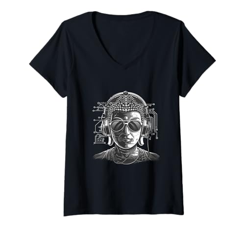 Damen DJ Buddha Dance Music Techno Musik Kopfhörer Buddhismus T-Shirt mit V-Ausschnitt Damen DJ Buddha Dance Music Techno Musik Kopfhörer Buddhismus T-Shirt mit V-Ausschnitt von Turntable DJ Music Animals
