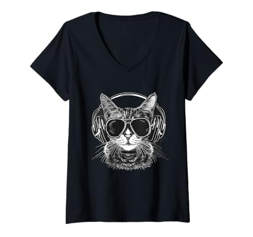 Damen DJ Cat Beatmaker Musik Kopfhörer Katze Musik DJ EDM Techno T-Shirt mit V-Ausschnitt Damen DJ Cat Beatmaker Musik Kopfhörer Katze Musik DJ EDM Techno T-Shirt mit V-Ausschnitt von Turntable DJ Music Animals