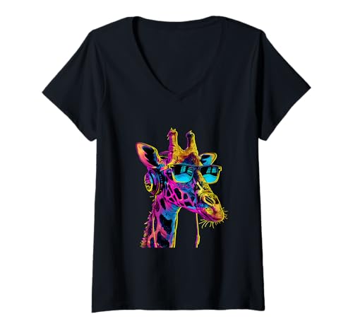 Damen DJ Giraffe Musik Kopfhörer Dance Club Musikproduzent EDM T-Shirt mit V-Ausschnitt Damen DJ Giraffe Musik Kopfhörer Dance Club Musikproduzent EDM T-Shirt mit V-Ausschnitt von Turntable DJ Music Animals