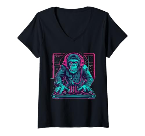 Damen DJ Monkey House Beatmaker EDM Plattenspieler DJ Monkey Techno T-Shirt mit V-Ausschnitt Damen DJ Monkey House Beatmaker EDM Plattenspieler DJ Monkey Techno T-Shirt mit V-Ausschnitt von Turntable DJ Music Animals