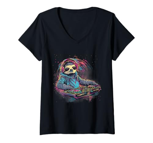 Damen Faultier Musik DJ Artwork House Music EDM Plattenspieler DJ Faultier T-Shirt mit V-Ausschnitt Damen Faultier Musik DJ Artwork House Music EDM Plattenspieler DJ Faultier T-Shirt mit V-Ausschnitt von Turntable DJ Music Animals