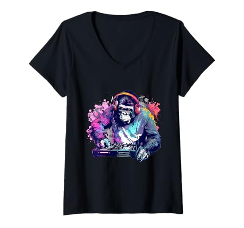 Damen Gorilla DJ EDM Musikproduzent Plattenspieler DJ Gorilla House T-Shirt mit V-Ausschnitt Damen Gorilla DJ EDM Musikproduzent Plattenspieler DJ Gorilla House T-Shirt mit V-Ausschnitt von Turntable DJ Music Animals