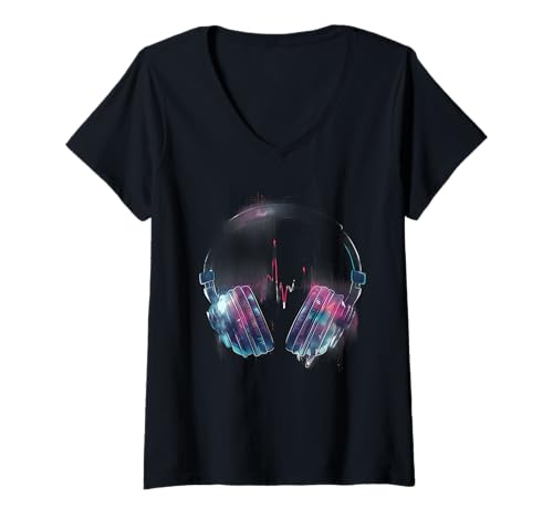 Damen Kopfhörer Musik DJ Musik Kopfhörer EDM Heartbeat EKG Pulse T-Shirt mit V-Ausschnitt Damen Kopfhörer Musik DJ Musik Kopfhörer EDM Heartbeat EKG Pulse T-Shirt mit V-Ausschnitt von Turntable DJ Music Animals