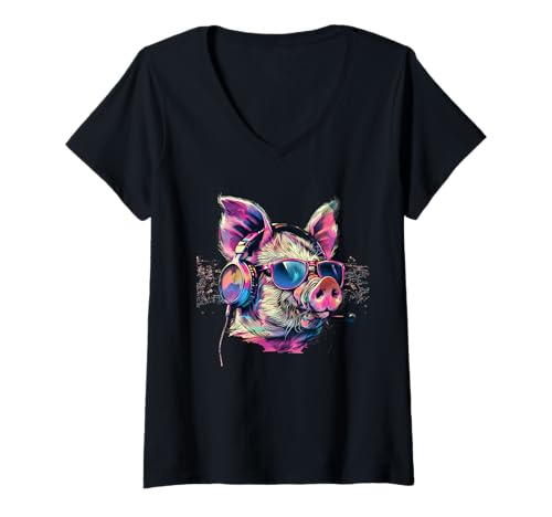 Damen Pig DJ Techno EDM Pig Lover Musik-Kopfhörer Beatmaker T-Shirt mit V-Ausschnitt Damen Pig DJ Techno EDM Pig Lover Musik-Kopfhörer Beatmaker T-Shirt mit V-Ausschnitt von Turntable DJ Music Animals