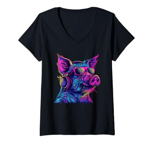 Damen Pig DJ Techno EDM Pig Lover Musik-Kopfhörer Beatmaker T-Shirt mit V-Ausschnitt Damen Pig DJ Techno EDM Pig Lover Musik-Kopfhörer Beatmaker T-Shirt mit V-Ausschnitt von Turntable DJ Music Animals