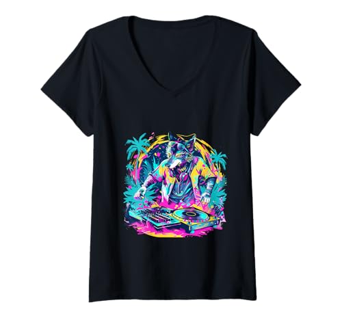 Damen Wolf DJ Techno Dance Music Producer EDM Plattenspieler DJ Wolf T-Shirt mit V-Ausschnitt Damen Wolf DJ Techno Dance Music Producer EDM Plattenspieler DJ Wolf T-Shirt mit V-Ausschnitt von Turntable DJ Music Animals