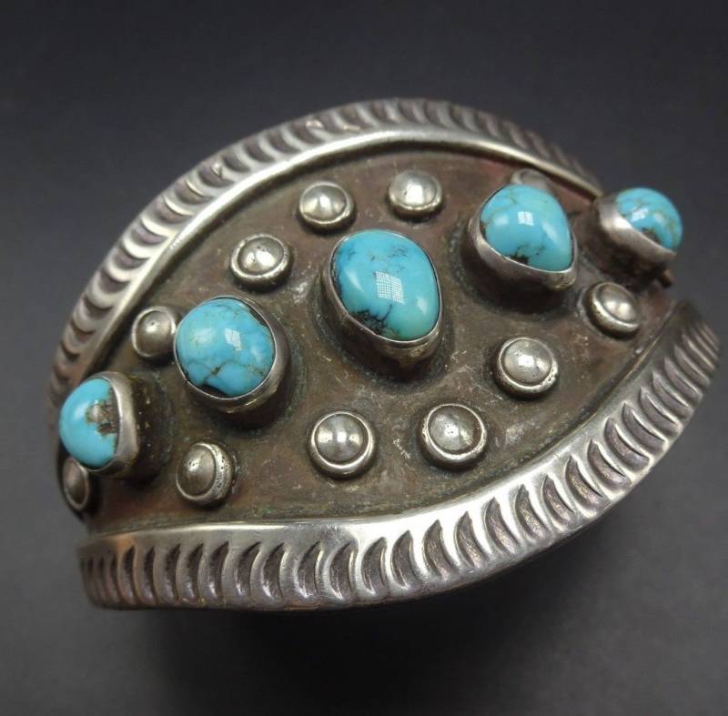 Vintage Alte Barren Meißel Gestempelt Silber Türkis Manschette Armband 71.3G von TurquoiseKachina