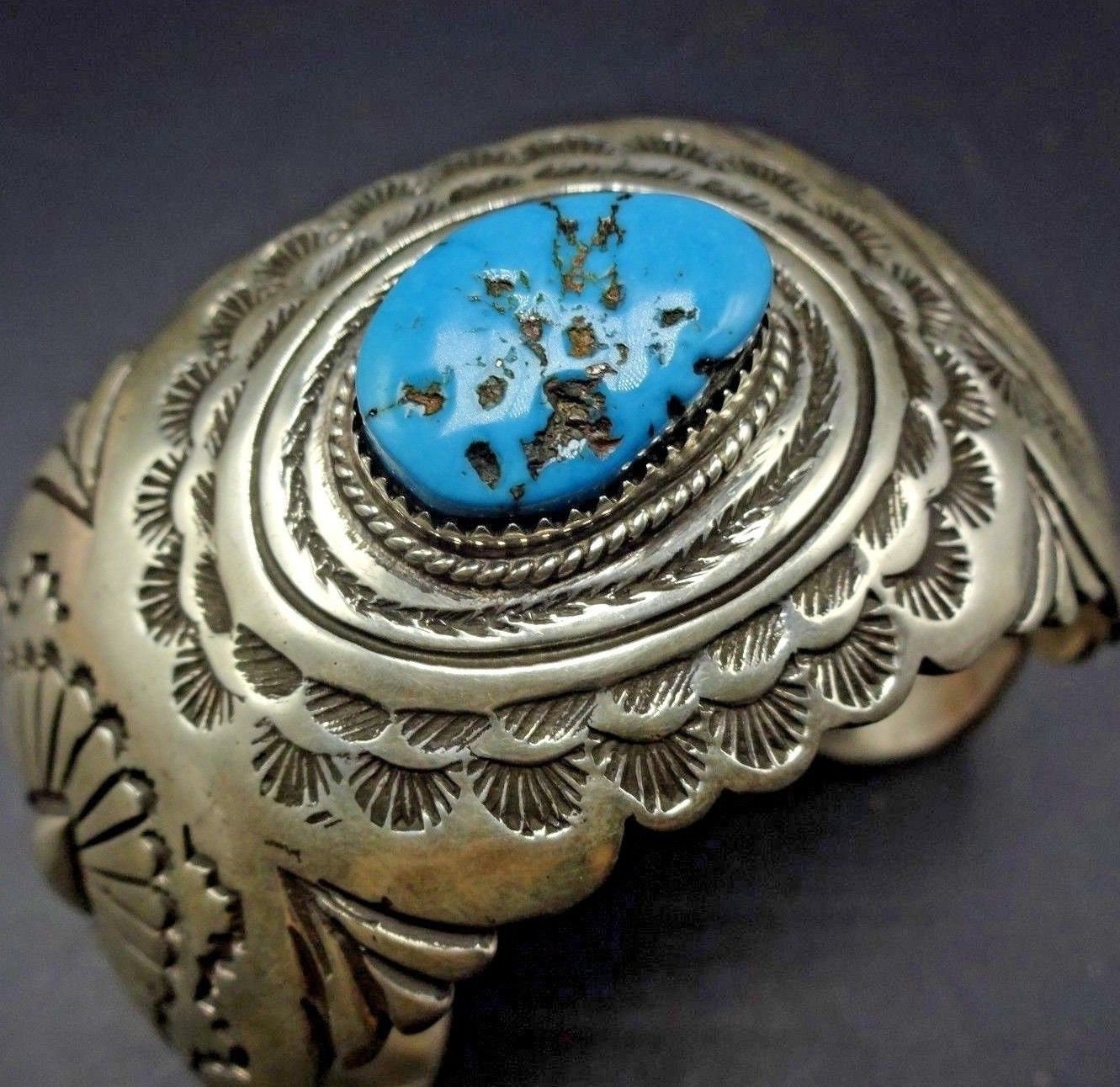 Vintage Hand Gestempelt Sterling Silber Kingman Türkis Manschette Armband 94G von TurquoiseKachina