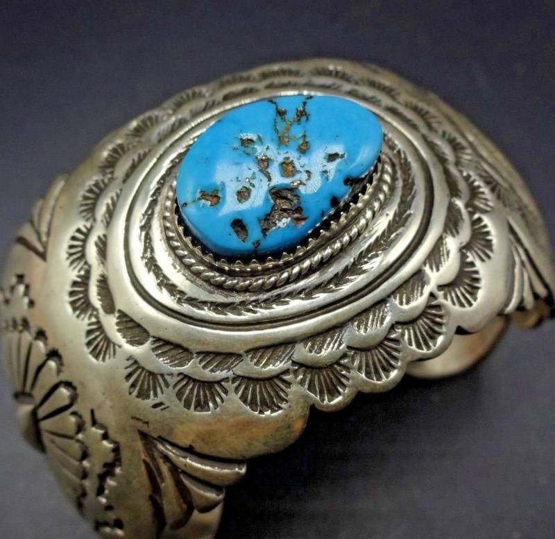 Vintage Hand Gestempelt Sterling Silber Kingman Türkis Manschette Armband 94G von TurquoiseKachina