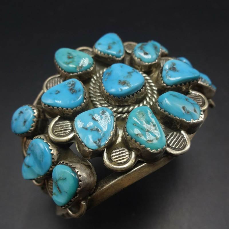 Vintage Hand-Gestempelt Sterling Silber Kingman Turquoise Cluster Armband von TurquoiseKachina