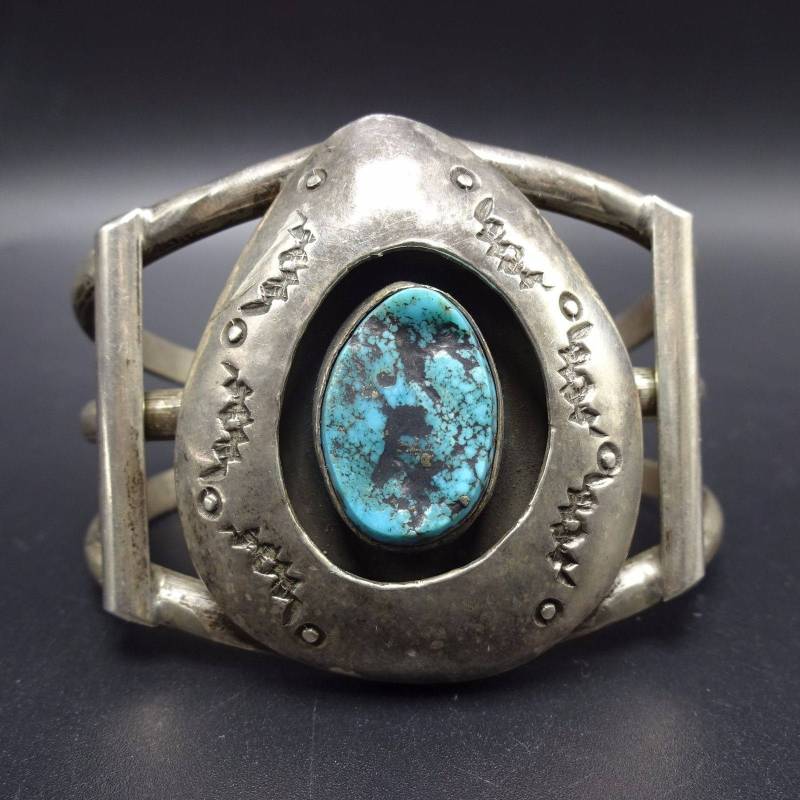 Vintage Stamped Sterling Silber Shadowbox Türkis Manschette Armband 60G von TurquoiseKachina