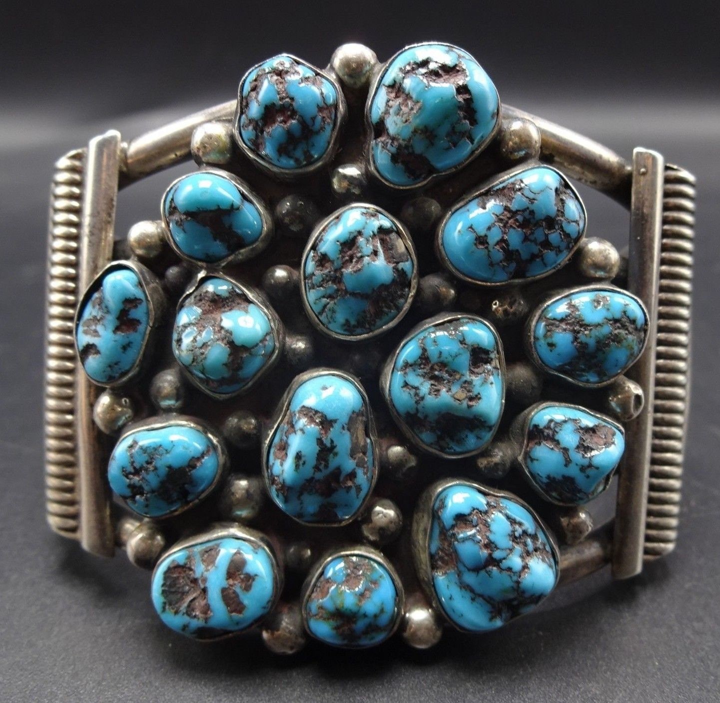 Vintage Sterling Silber Blau Diamant Türkis Cluster Cuff Armband 113G von TurquoiseKachina