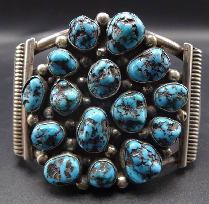 Vintage Sterling Silber Blau Diamant Türkis Cluster Cuff Armband 113G von TurquoiseKachina