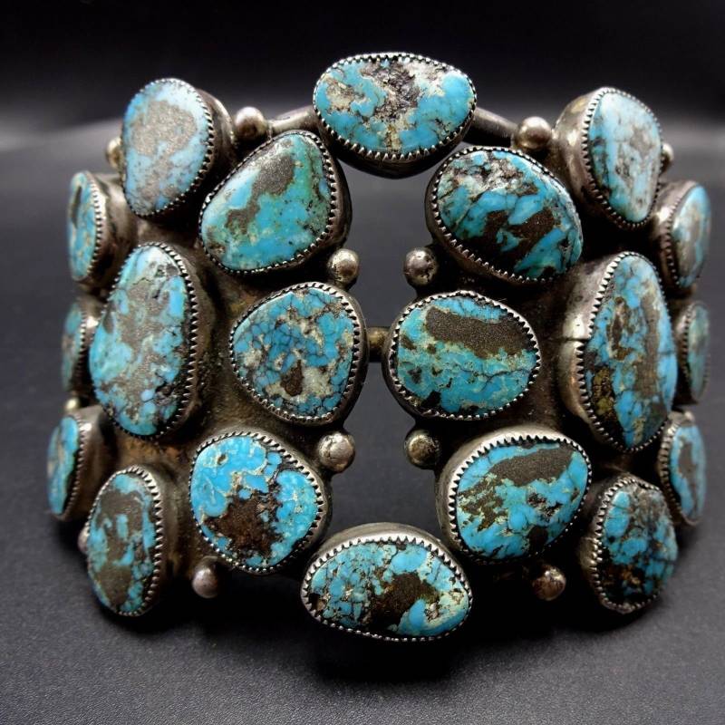 Vintage Sterling Silber Blue Diamant Türkis Cluster-Manschettenarmband 92G von TurquoiseKachina
