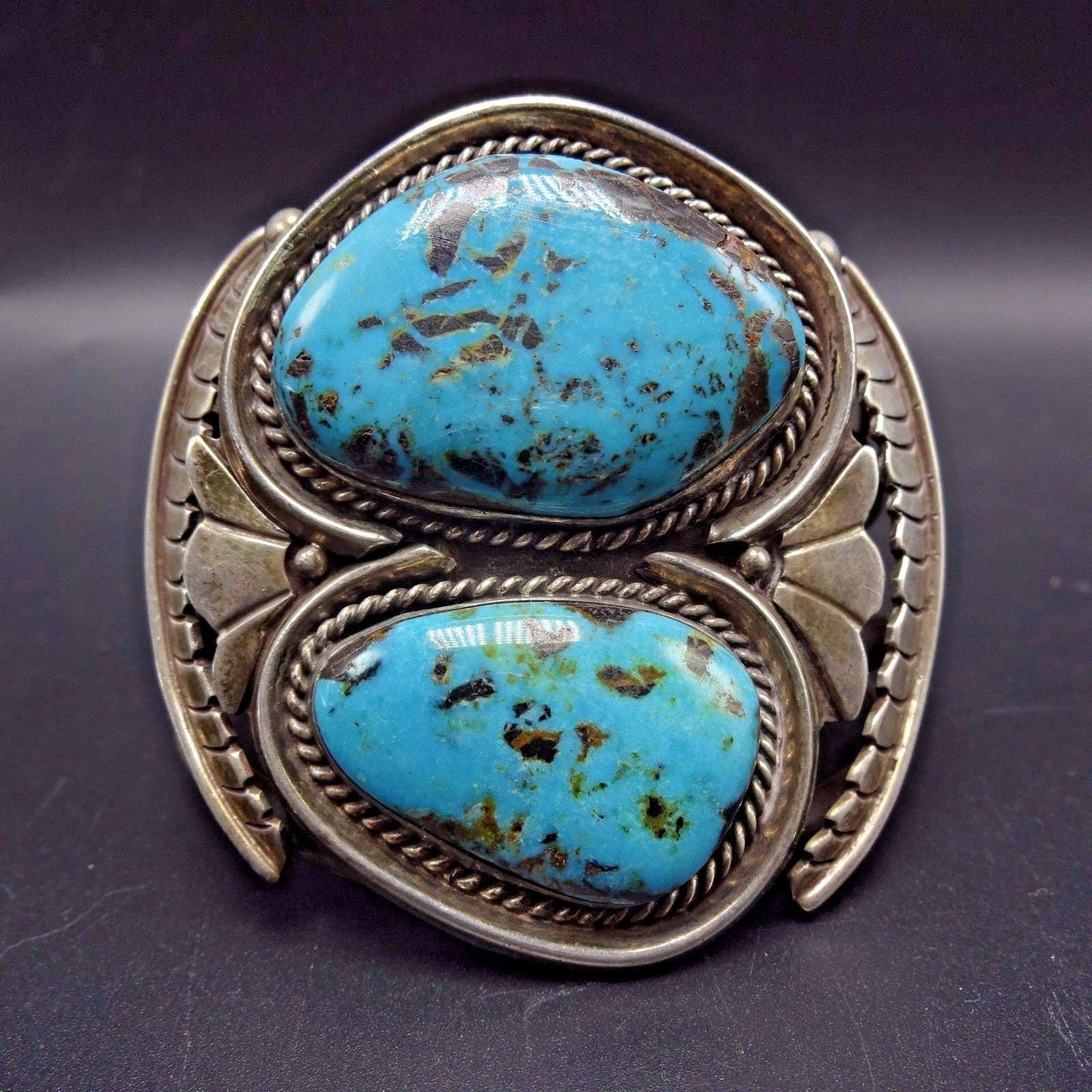 Vintage Sterling Silber Und Blue Diamant Türkis Manschette Armband 98G von TurquoiseKachina