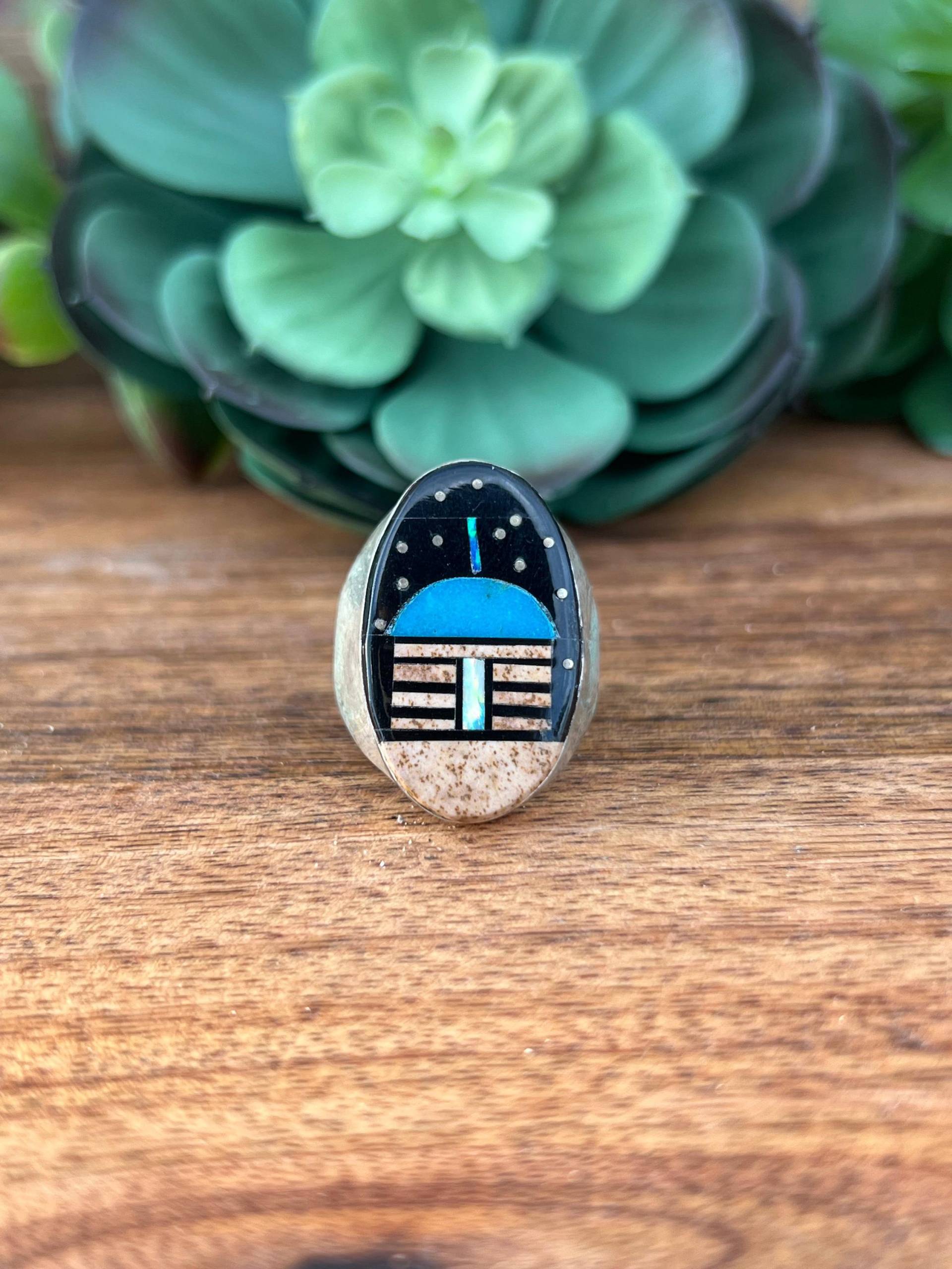 Gilbert Smith Multi Stein & Sterling Silber Inlay Herrenring Größe 11, 5 von TurquoiseTradersDir