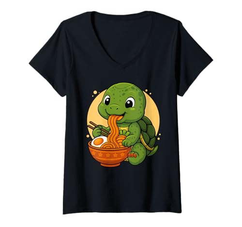 Damen Kawaii Schildkröte frisst Ramen Grafik Japanische Schildkröte Grafik T-Shirt mit V-Ausschnitt Damen Kawaii Schildkröte frisst Ramen Grafik Japanische Schildkröte Grafik T-Shirt mit V-Ausschnitt von Turtle Eating Ramen Funny Japanese Kawaii Design