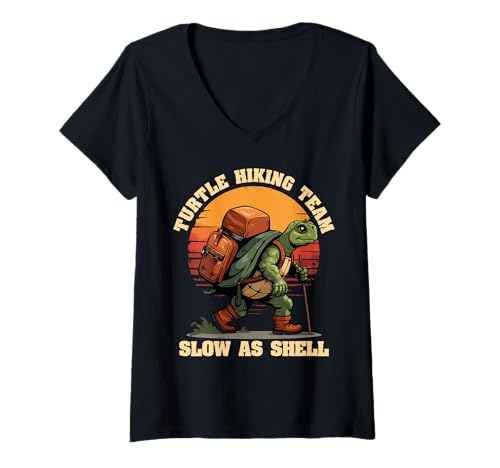 Damen Lustiges Schildkröten-Wanderteam, langsam wie Muschel, Retro-Sonnenuntergang T-Shirt mit V-Ausschnitt Damen Lustiges Schildkröten-Wanderteam, langsam wie Muschel, Retro-Sonnenuntergang T-Shirt mit V-Ausschnitt von Turtle Hiking Club Design for Man Women