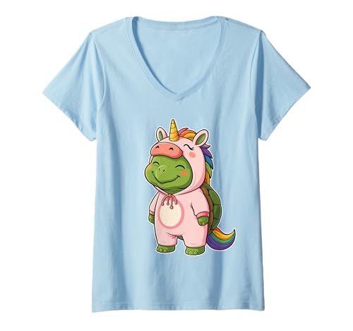 Damen Kawaii Schildkröte im Einhorn Kostüm für Mädchen Kinder Schildkrötenliebhaber T-Shirt mit V-Ausschnitt Damen Kawaii Schildkröte im Einhorn Kostüm für Mädchen Kinder Schildkrötenliebhaber T-Shirt mit V-Ausschnitt von Turtle In Unicorn Costume Kawaii Design