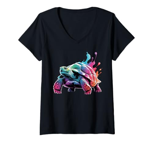 Damen Bunte Schildkröte Poster Stil Farbspritzer Kunst Grafik T-Shirt mit V-Ausschnitt Damen Bunte Schildkröte Poster Stil Farbspritzer Kunst Grafik T-Shirt mit V-Ausschnitt von Turtle Lover Apparel & Arts