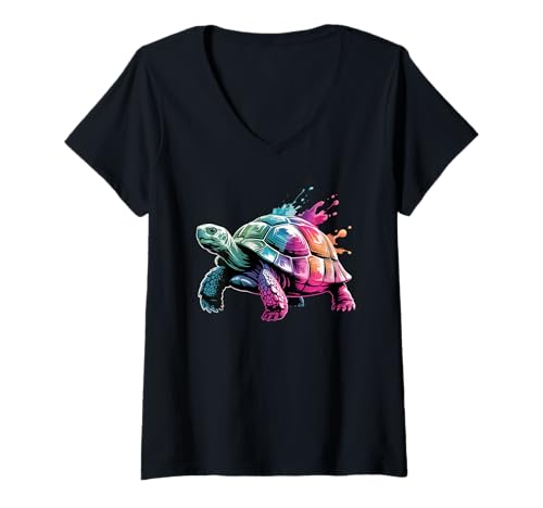 Damen Schildkröte Poster Stil Bunte Farbspritzer Kunst Grafik T-Shirt mit V-Ausschnitt Damen Schildkröte Poster Stil Bunte Farbspritzer Kunst Grafik T-Shirt mit V-Ausschnitt von Turtle Lover Apparel & Arts