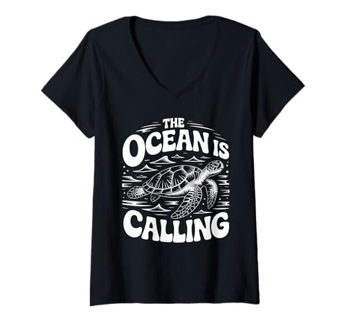 Damen The Ocean is Calling Sea Turtle Adventure Grafik T-Shirt mit V-Ausschnitt Damen The Ocean is Calling Sea Turtle Adventure Grafik T-Shirt mit V-Ausschnitt von Turtle Lovers Paradise Apparel for Ocean