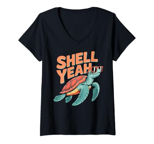 Damen Shell Yeah Lustiger Turtle Pun Strandurlaub T-Shirt mit V-Ausschnitt von Turtle Shells Yeah