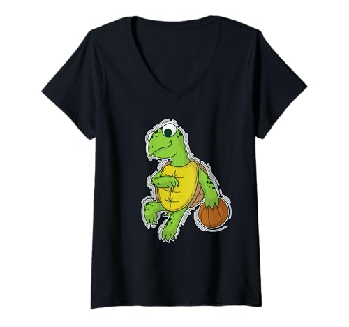 Damen Schildkröte spielt Basketball T-Shirt mit V-Ausschnitt Damen Schildkröte spielt Basketball T-Shirt mit V-Ausschnitt von Turtle reptile carapace old Sauropsida Testudines