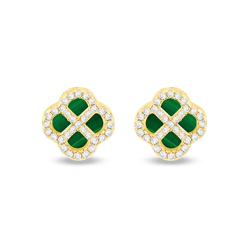 Tuscany Silver Damen 925er Sterlingsilber gelbvergoldete Ohrstecker mit 11mm Klee aus Malachit und 1,1mm weißen CZ von Tuscany Silver