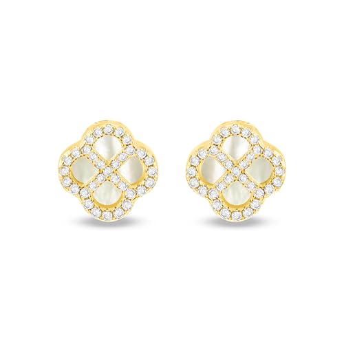 Tuscany Silver Damen 925er Sterlingsilber gelbvergoldete Ohrstecker mit 11mm Klee aus Perlmutt und 1,1mm weißen CZ von Tuscany Silver