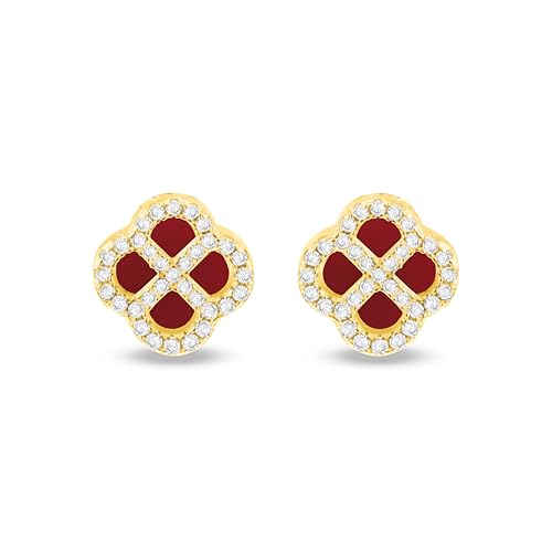 Tuscany Silver Damen 925er Sterlingsilber gelbvergoldete Ohrstecker mit 11mm Klee aus rotem Achat und 1,1mm weißen CZ von Tuscany Silver