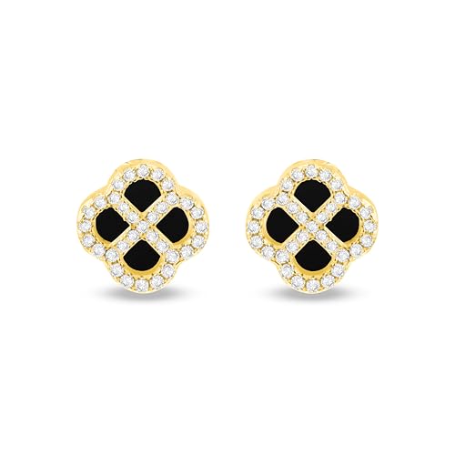 Tuscany Silver Damen 925er Sterlingsilber gelbvergoldete Ohrstecker mit 11mm Klee aus schwarzem Achat und 1,1mm weißen CZ von Tuscany Silver