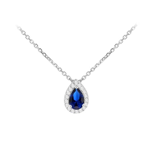 Tuscany Silver Damen Halskette aus Sterling Silber mit 11,2 mm x 8,7 mm blauem Tropfenstein und 1,2 mm Zirkonia-Halo, 43 cm/17'' - 46 cm/18'' von Tuscany Silver