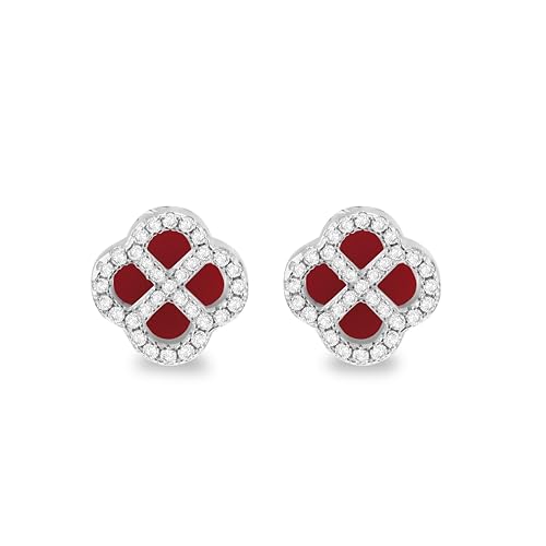 Tuscany Silver Damen Ohrstecker aus rhodiniertem Sterling Silber mit 11 mm Kleeblatt-Rot-Achat und 1,1 mm weißen Zirkonia von Tuscany Silver