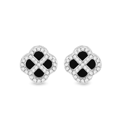 Tuscany Silver Damen Ohrstecker aus rhodiniertem Sterling Silber mit 11 mm Kleeblatt-Schwarz-Achat und 1,1 mm weißen Zirkonia von Tuscany Silver