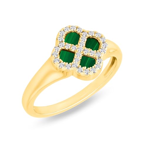 Tuscany Silver Damenring aus 925er Sterlingsilber, gelbvergoldet, mit 11 mm Klee aus Malachit und 1,1 mm weißen Zirkonia Größe L von Tuscany Silver