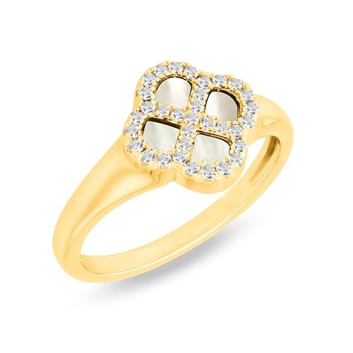 Tuscany Silver Damenring aus 925er Sterlingsilber, gelbvergoldet, mit 11 mm Klee aus Perlmutt und 1,1 mm weißen Zirkonia Größe L von Tuscany Silver