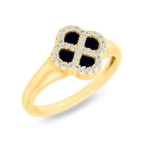 Tuscany Silver Damenring aus 925er Sterlingsilber, gelbvergoldet, mit 11 mm Klee aus schwarzem Achat und 1,1 mm weißen Zirkonia Größe N von Tuscany Silver