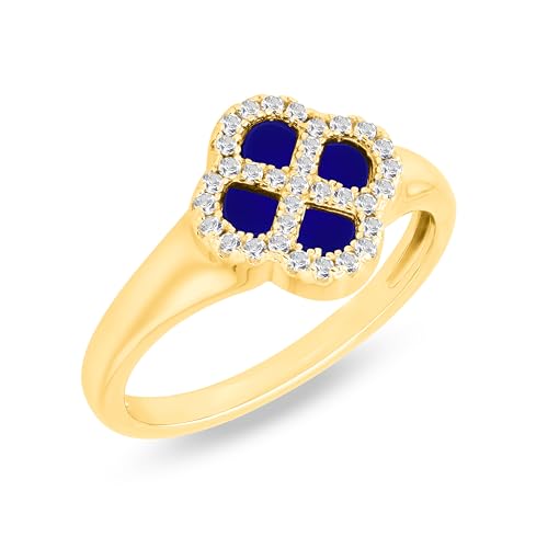 Tuscany Silver Damenring aus 925er Sterlingsilber, gelbvergoldet, mit 11 mm Klee aus synthetischem Blau-Lazurit und 1,1 mm weißen Zirkonia Größe N von Tuscany Silver