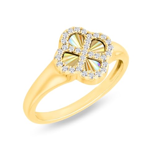 Tuscany Silver Damenring aus 925er Sterlingsilber, gelbvergoldet, mit 11 mm Regenbogen-Klee und 1,1 mm weißen Zirkonia Größe N von Tuscany Silver