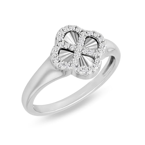 Tuscany Silver Damenring aus rhodiniertem 925er Sterlingsilber mit 11 mm Regenbogen-Klee und 1,1 mm weißen Zirkonia Größe N von Tuscany Silver