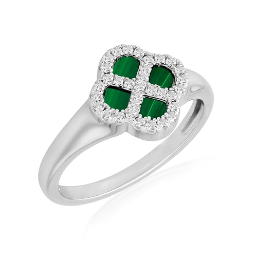 Tuscany Silver Damenring aus rhodiniertem Sterling Silber mit 11 mm Kleeblatt-Malachit und 1,1 mm weißen Zirkonia, Größe Q von Tuscany Silver