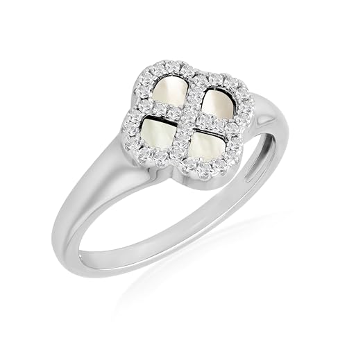 Tuscany Silver Damenring aus rhodiniertem Sterling Silber mit 11 mm Kleeblatt-Perlmutt und 1,1 mm weißen Zirkonia, Größe L von Tuscany Silver