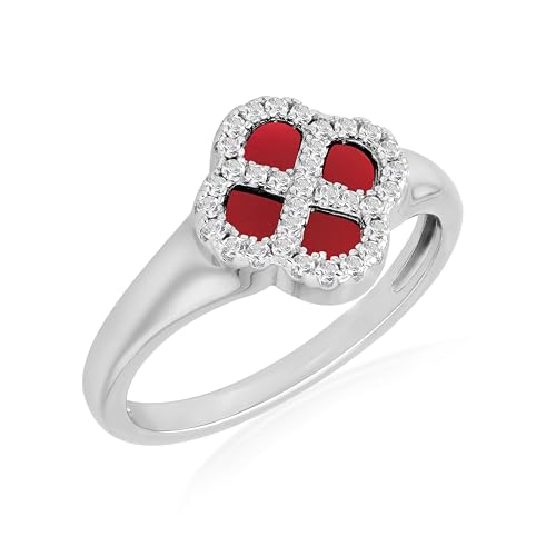 Tuscany Silver Damenring aus rhodiniertem Sterling Silber mit 11 mm Kleeblatt-Rot-Achat und 1,1 mm weißen Zirkonia, Größe P von Tuscany Silver