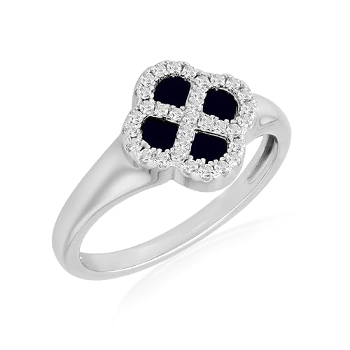Tuscany Silver Damenring aus rhodiniertem Sterling Silber mit 11 mm Kleeblatt-Schwarz-Achat und 1,1 mm weißen Zirkonia, Größe S von Tuscany Silver