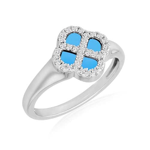 Tuscany Silver Damenring aus rhodiniertem Sterling Silber mit 11 mm Kleeblatt-Synthetischem Türkis und 1,1 mm weißen Zirkonia, Größe P von Tuscany Silver