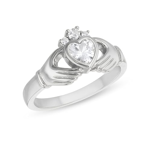 Tuscany Silver Ring für Damen aus Sterlingsilber, Claddagh-Ring 5mm x 5mm Herz CZ rhodiniert #O von Tuscany Silver