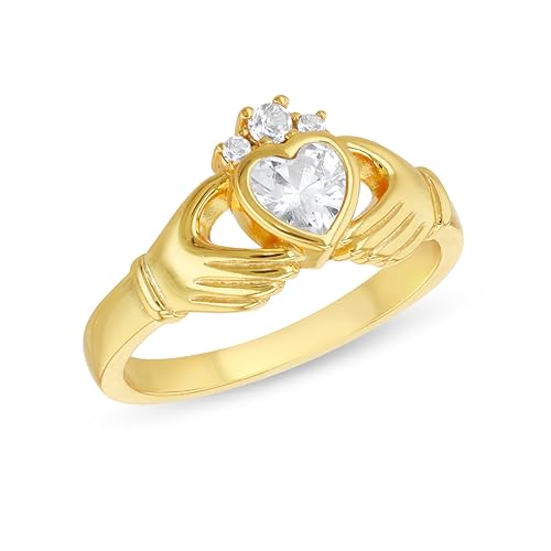 Tuscany Silver Ring für Damen aus Sterlingsilber, Claddagh-Ring 5mm x 5mm Herz CZ vergoldet #O von Tuscany Silver