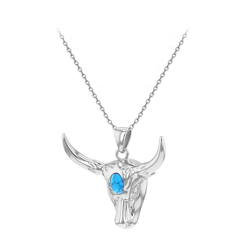 Tuscany Silver Unisex-Halskette aus rhodiniertem Sterlingsilber, großer Stierkopf-Anhänger mit synthetischem ovalem Türkis 5 x 7 mm, verstellbare Trace-Kette 46–51 cm (18"–20") von Tuscany Silver