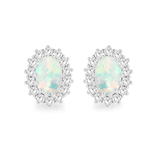 Tuscany Silver Women's Sterling Silver Rhodium Plated Oval Synthetic Opal and White CZ 7.5mm x 9.5mm Flower Cluster Stud Earrings von Tuscany Silver